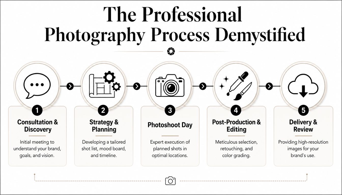 A five-step infographic illustrating the professional photography process from initial consultation to final image delivery.