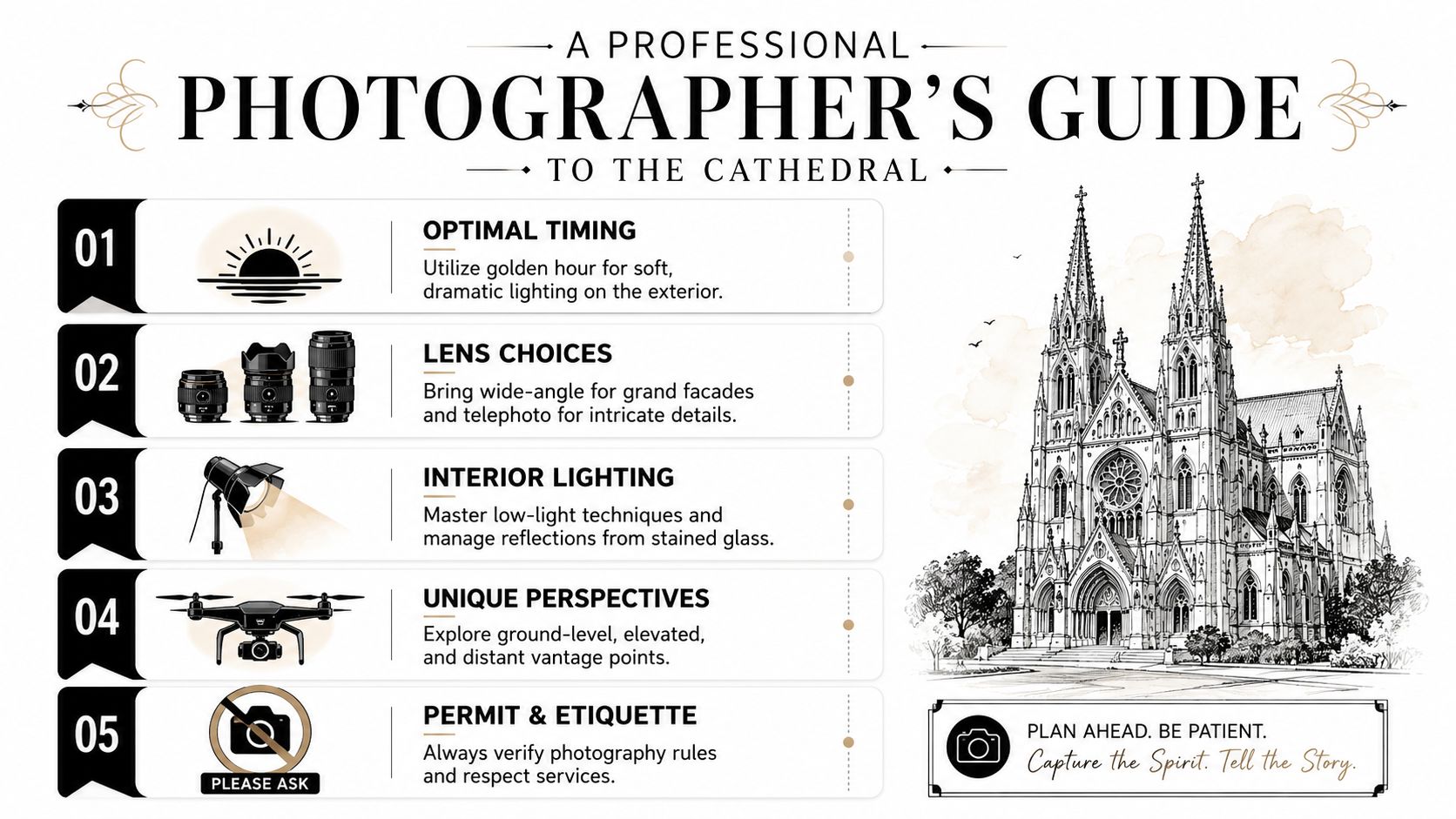 An infographic titled a professional photographer's guide to the cathedral featuring five photography tips and a cathedral sketch.