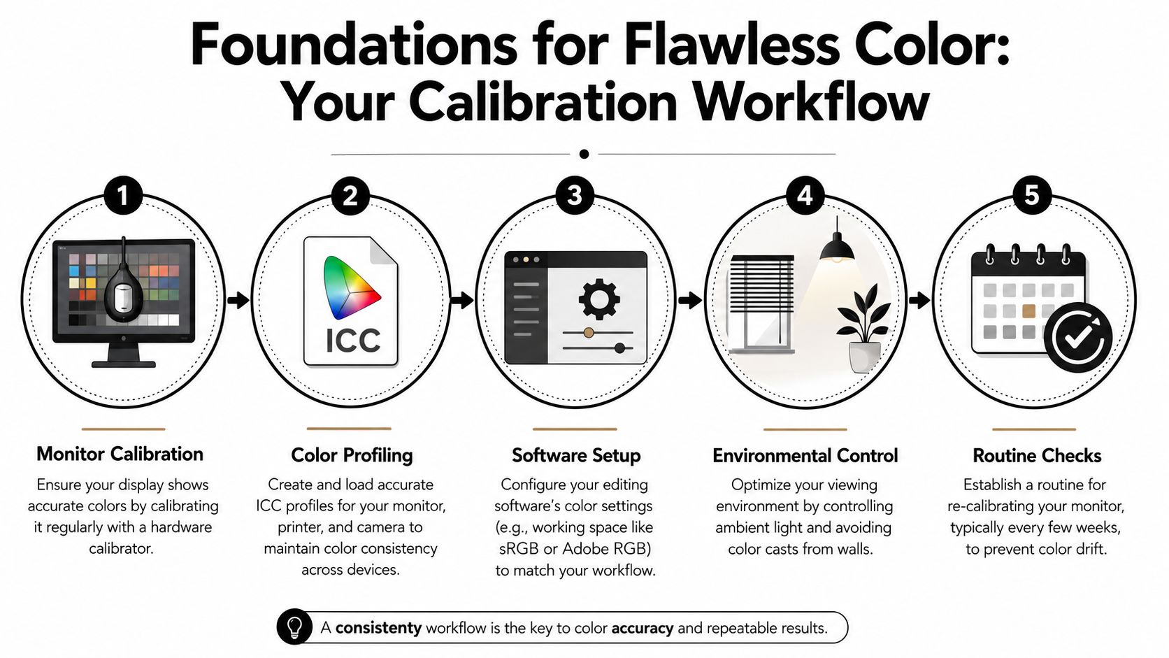 A five-step infographic explaining a professional calibration workflow for achieving accurate color in digital photography and design.