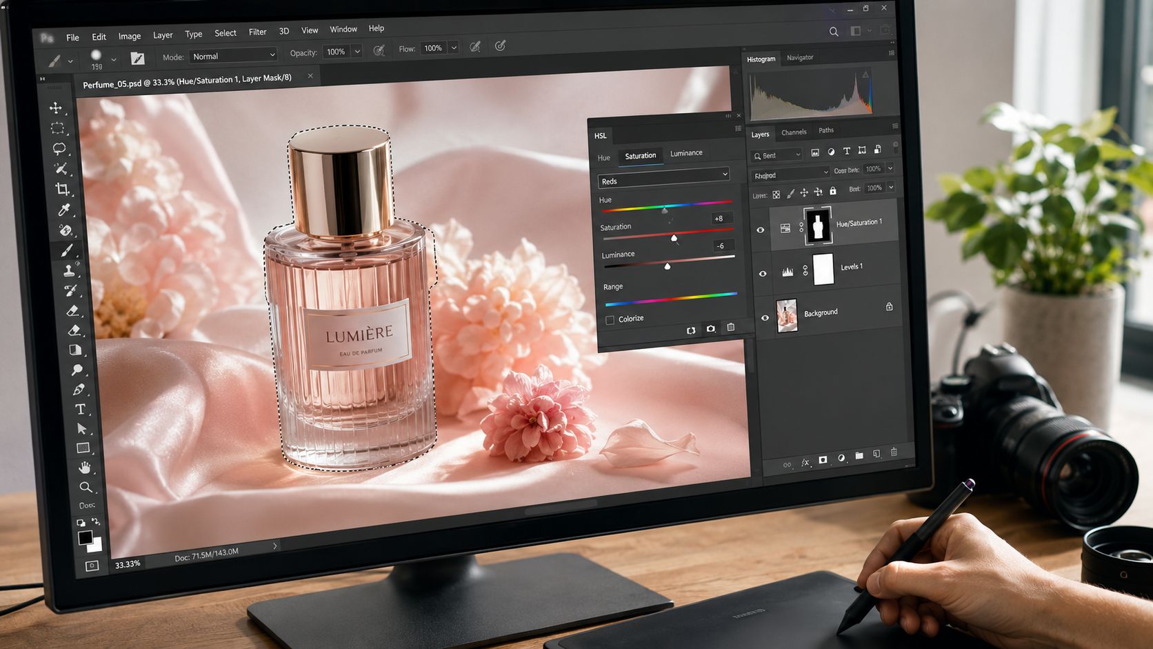 A digital artist using a graphic tablet to perform color correction on a perfume product photo in Photoshop.