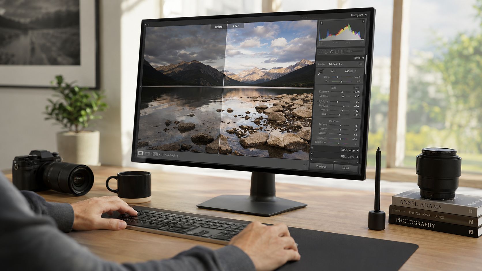 A photographer editing a scenic landscape photo on a computer monitor at a wooden desk.