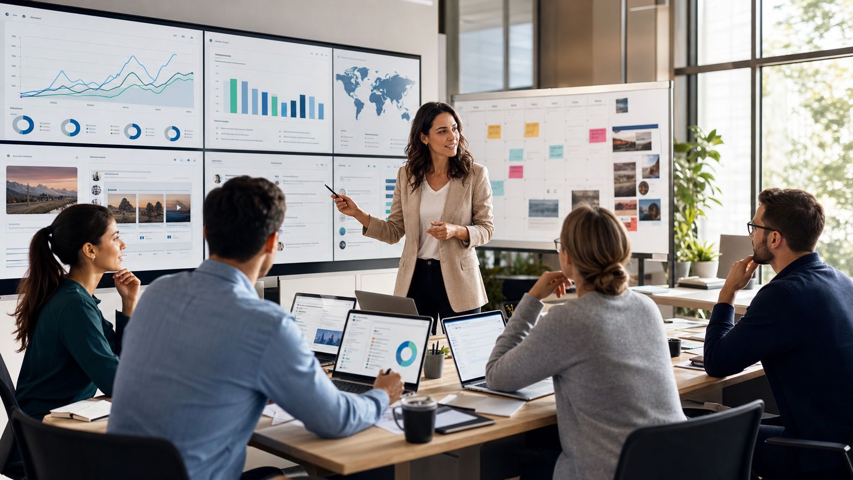 A businesswoman presents data on a large screen to colleagues during a collaborative meeting in an office.