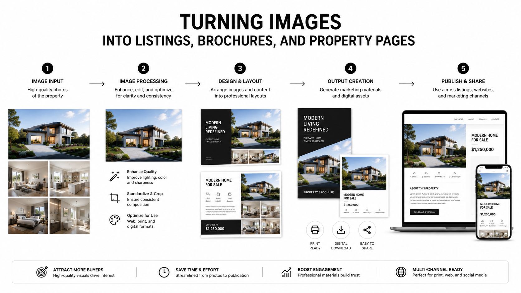 A five-step workflow infographic illustrating the process of turning real estate property photos into professional marketing materials.