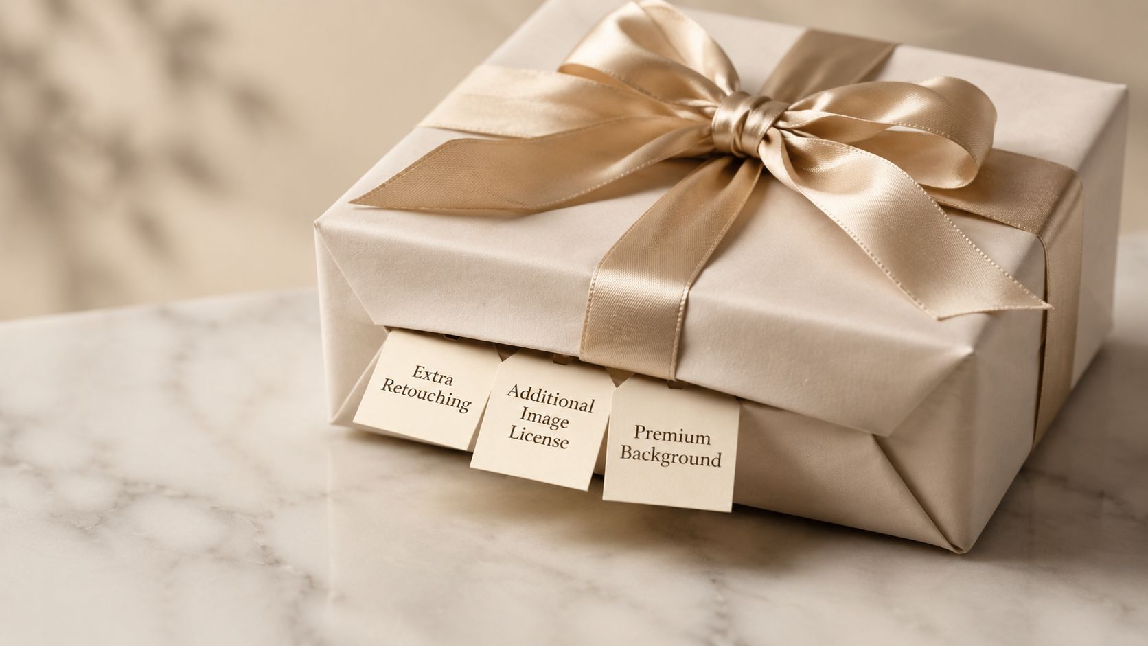 A sophisticated gift box with tags labeled Extra Retouching, Additional Image License, and Premium Background.