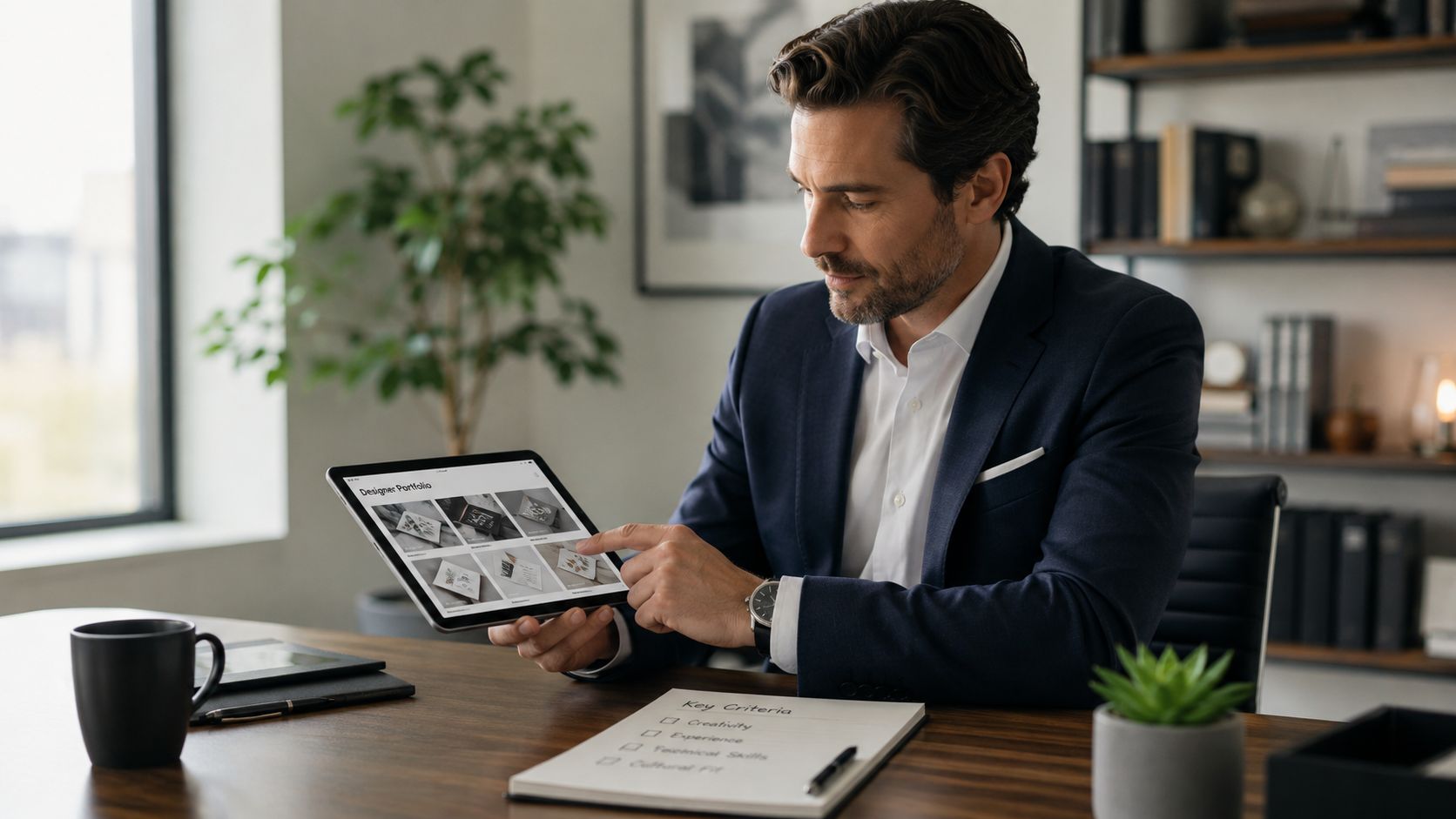 A professional man in a business suit reviews a designer portfolio on a tablet at his office desk.
