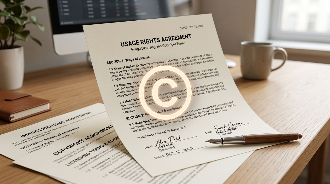 A printed Usage Rights Agreement document on a wooden desk with a fountain pen and computer screen.