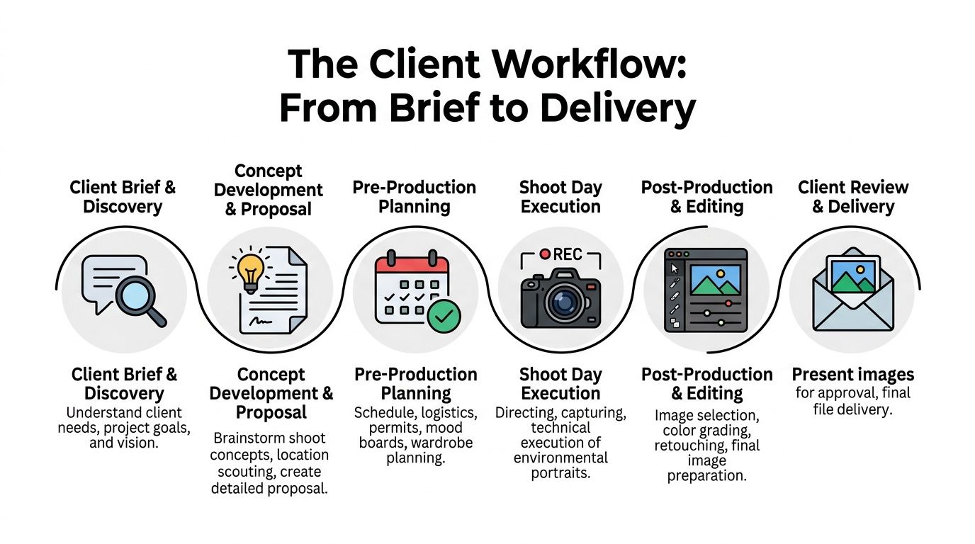 An infographic showing a six-step workflow process for a professional environmental portrait photography project.