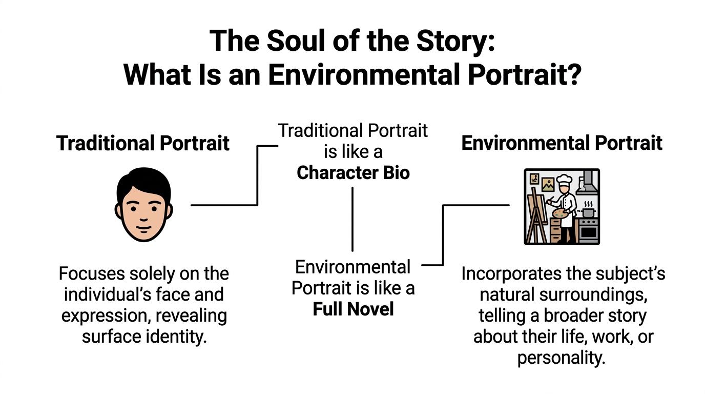A diagram comparing a traditional portrait focusing on facial identity versus an environmental portrait showcasing surroundings.