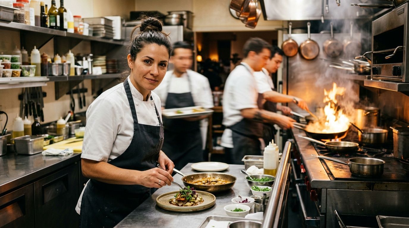 A female chef carefully garnishes a dish in a busy restaurant kitchen with other chefs cooking nearby.