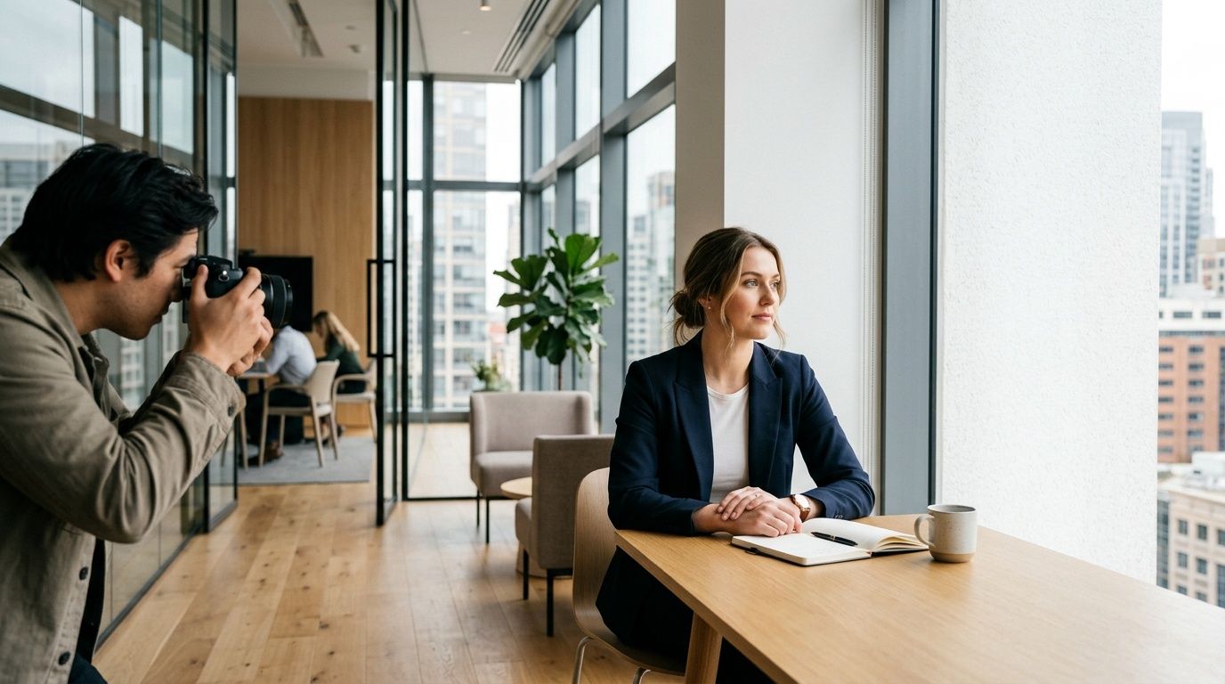 A professional photographer takes a portrait shot of a woman in a business suit in an office.