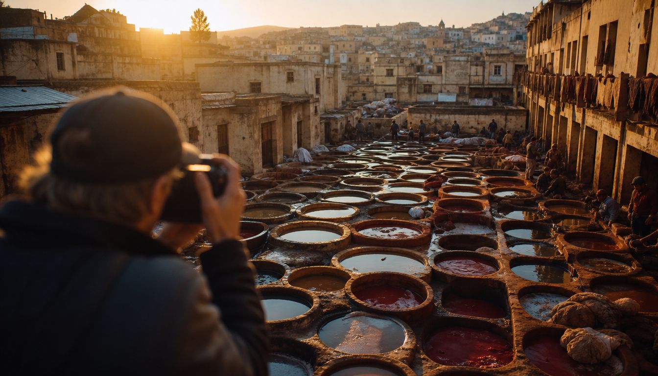 A photographer captures a high-angle view of traditional leather dye vats in the historic Fez tanneries, Morocco.