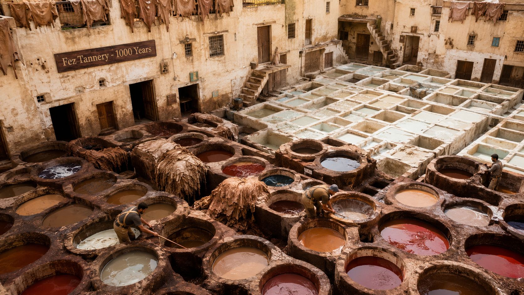 Workers treating animal hides in large stone dye vats at the historic Fez Tannery in Morocco.