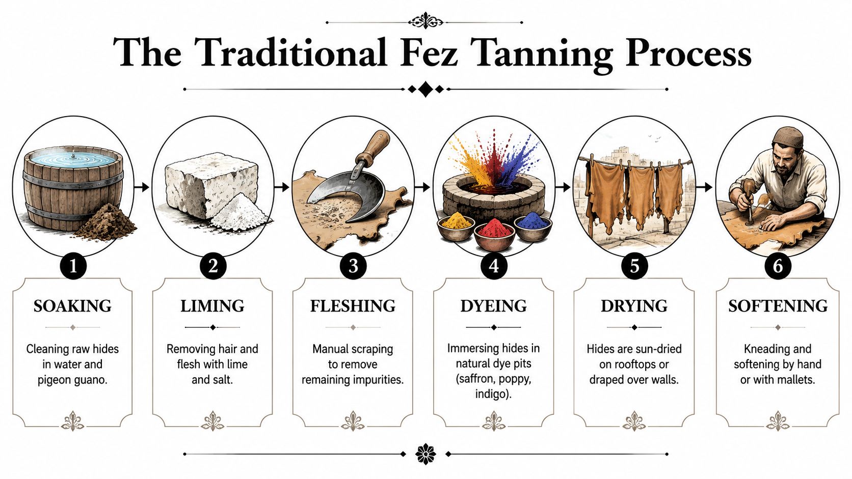 A six-step infographic illustrating the traditional Fez leather tanning process from soaking to final softening.