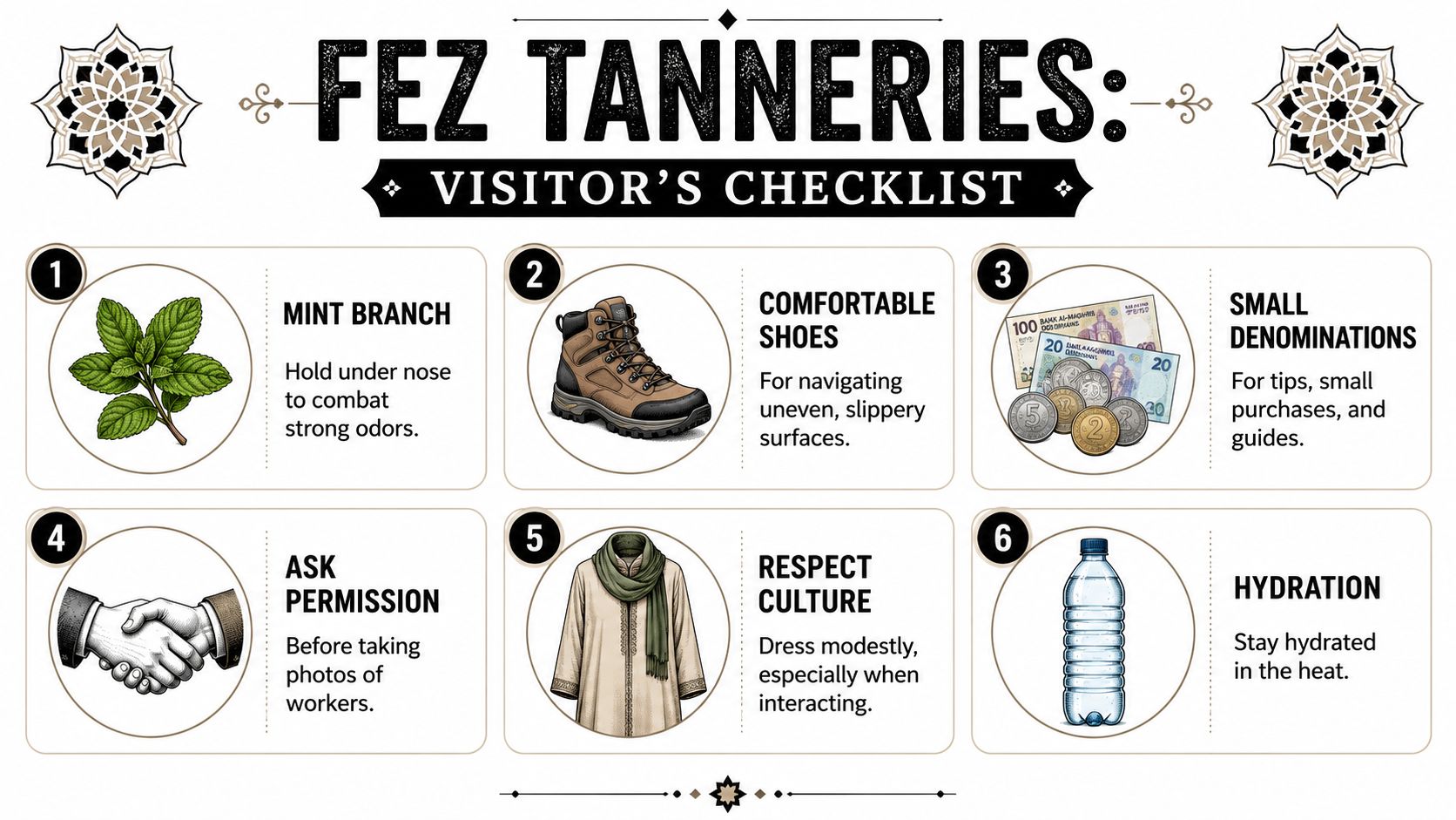 An infographic titled Fez Tanneries Visitor's Checklist providing six essential tips for tourists visiting Morocco.