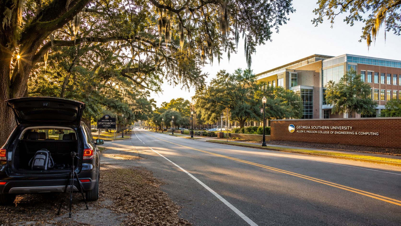 A scenic view of Georgia Southern University's Allen E. Paulson College of Engineering and Computing at sunset.