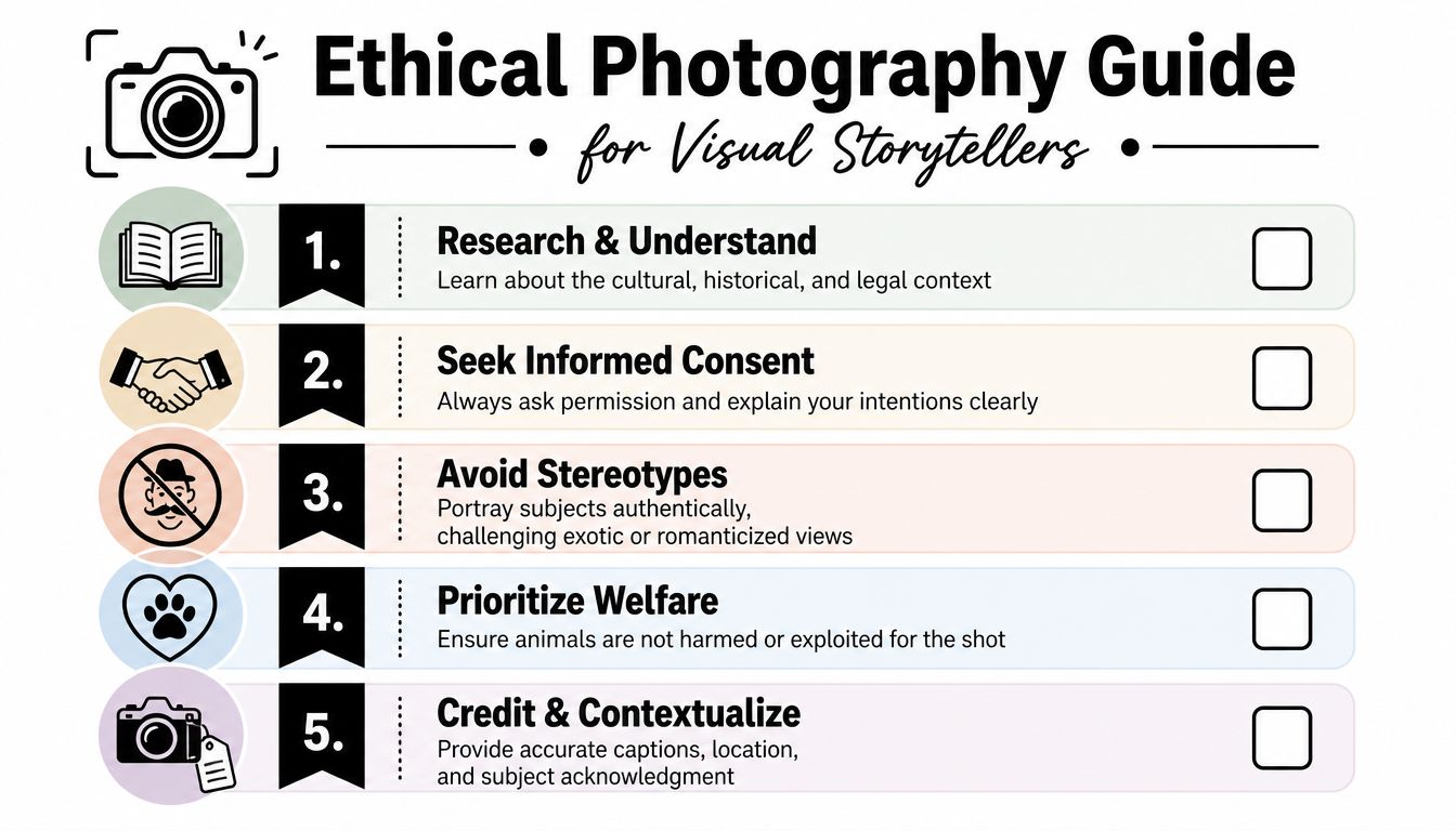 An infographic titled Ethical Photography Guide for Visual Storytellers with five actionable steps for photographers.
