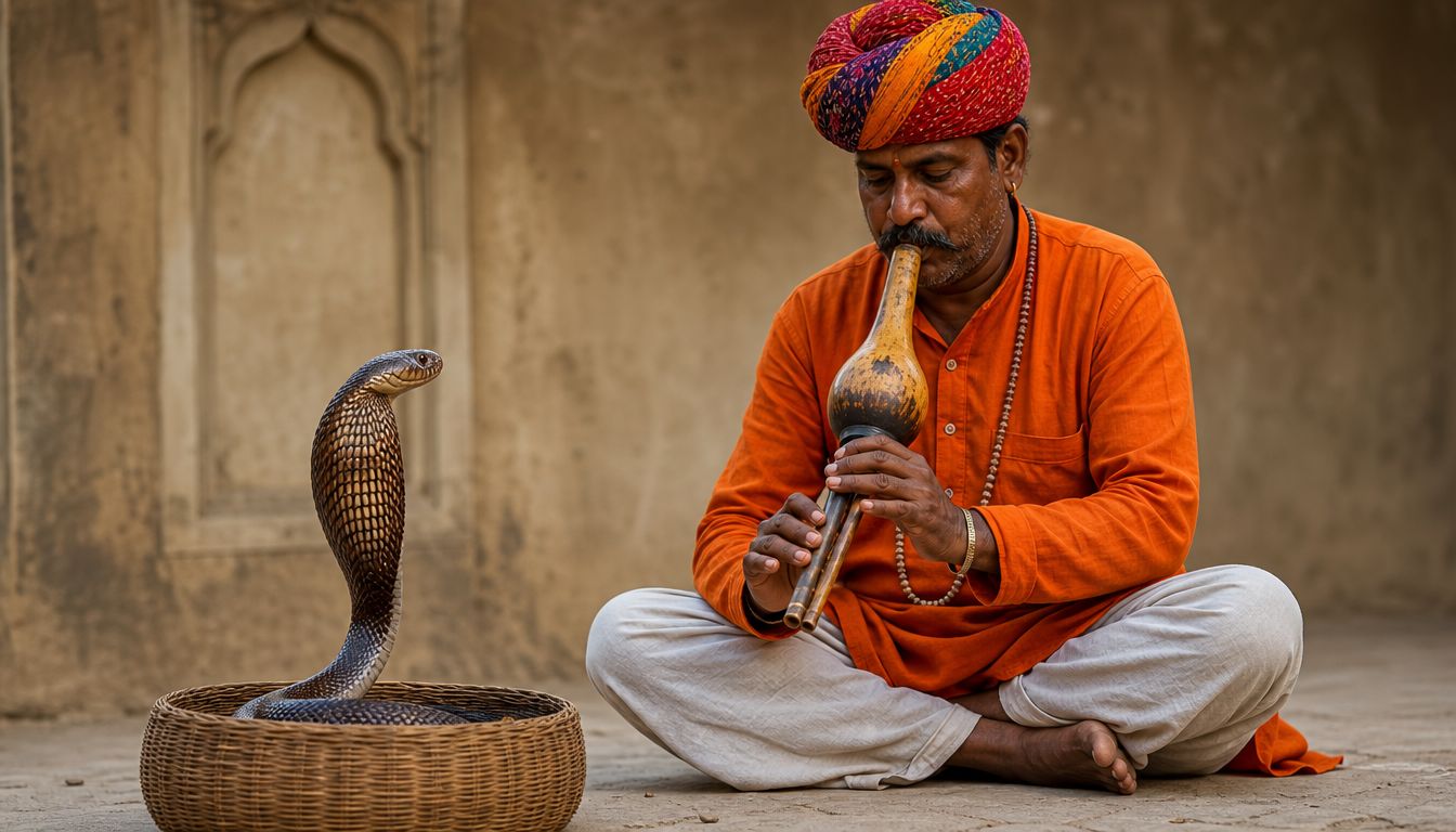 A traditional Indian snake charmer in an orange tunic playing a pungi for a cobra in a basket.