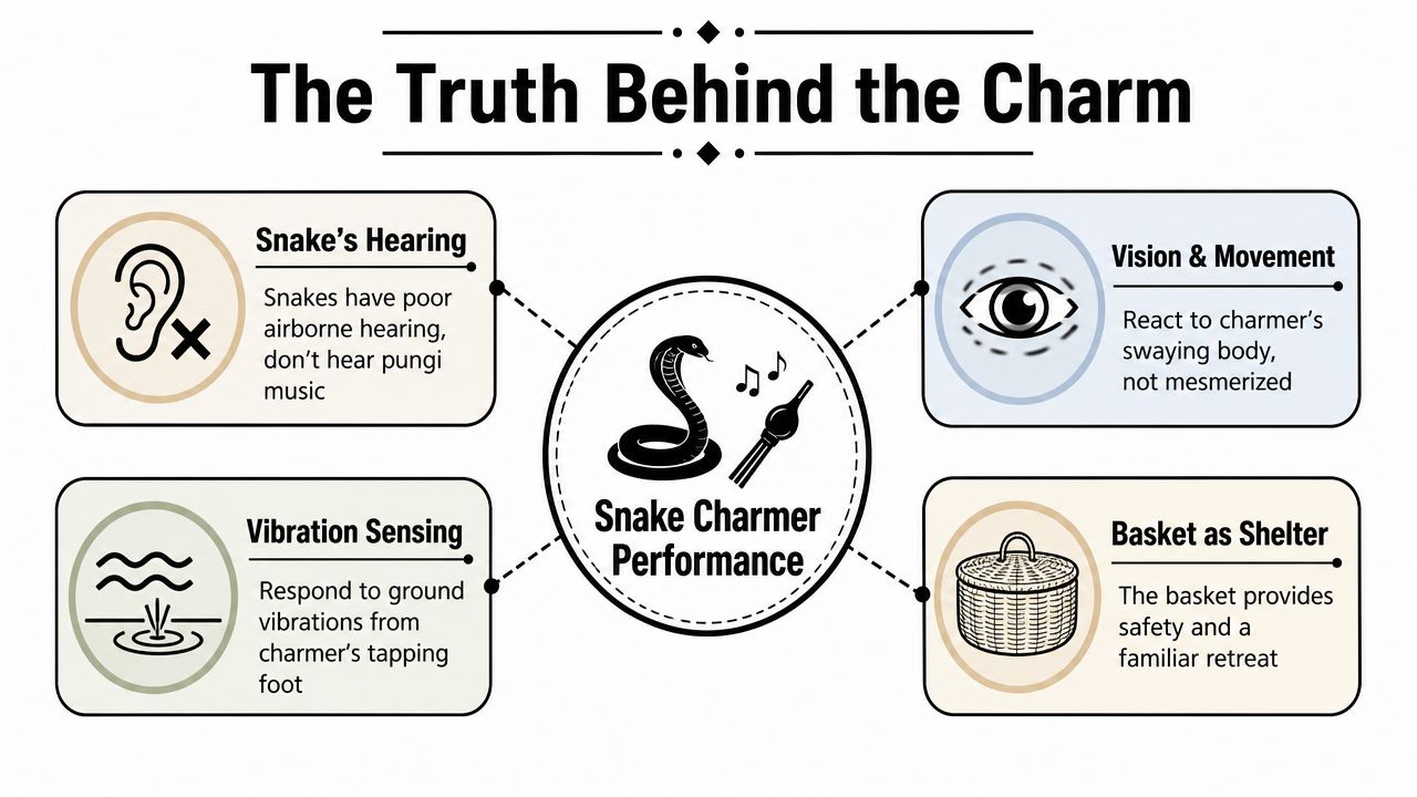 An infographic explaining that snake charmers rely on movement and vibration, not music, to control snakes.