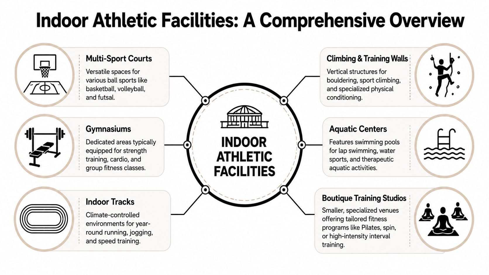 A diagram outlining six types of indoor athletic facilities, including multi-sport courts, gyms, tracks, and swimming pools.