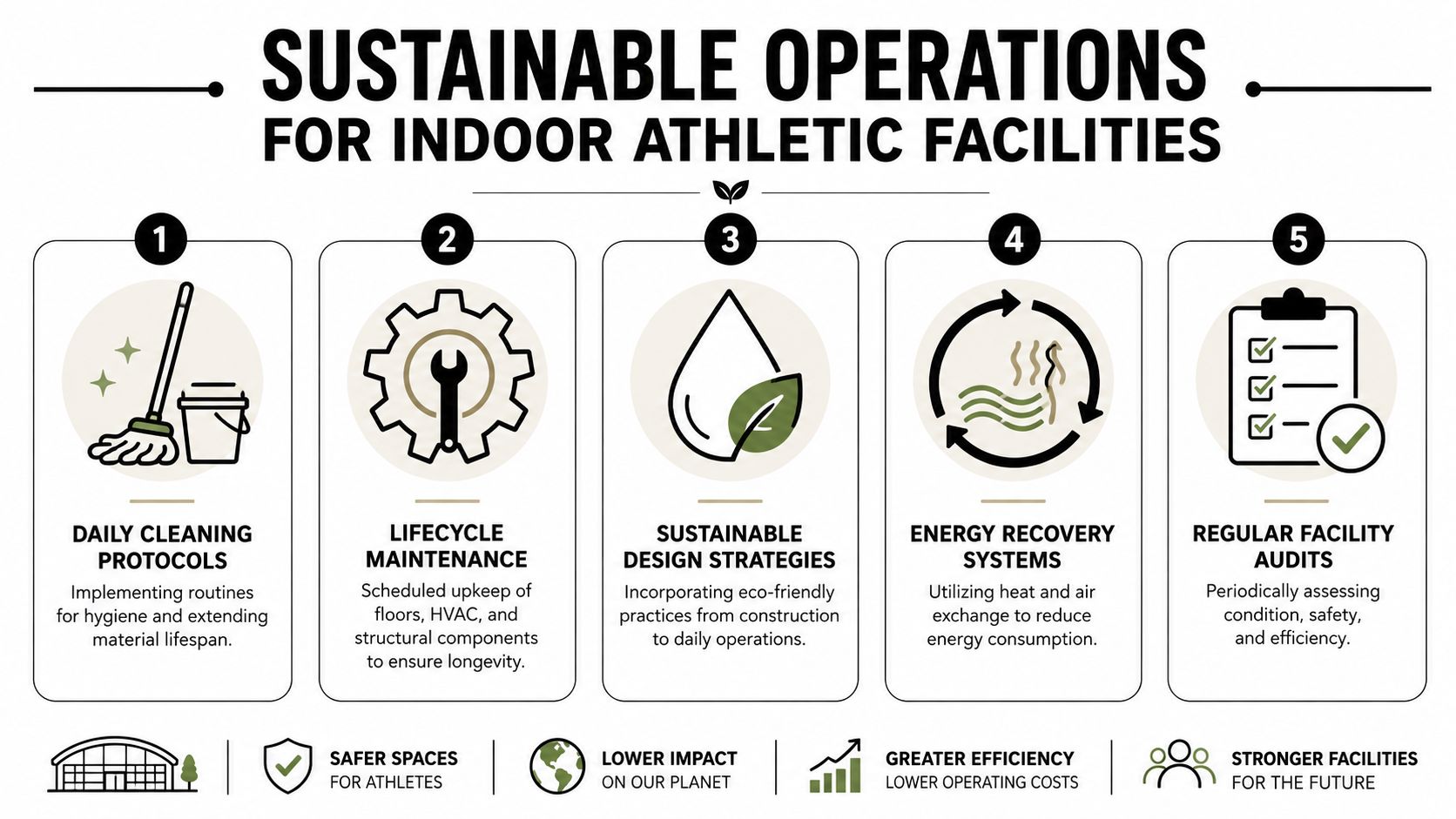 An infographic illustrating five key sustainable operation strategies for indoor athletic facilities to improve maintenance and efficiency.