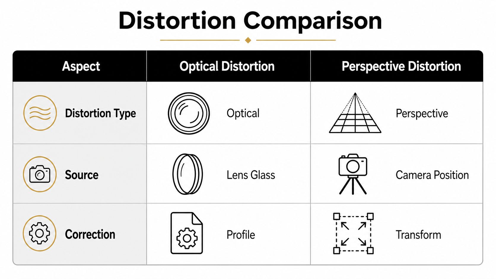 A comparison table illustrating the differences between optical distortion and perspective distortion in photography.