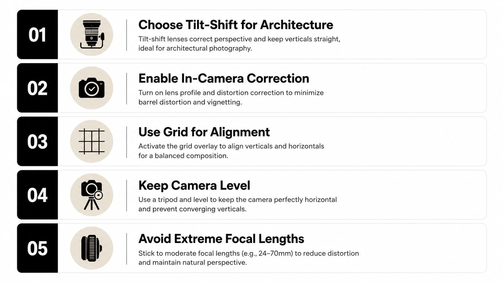 A list of five essential photography tips for reducing lens distortion and capturing professional architectural images.