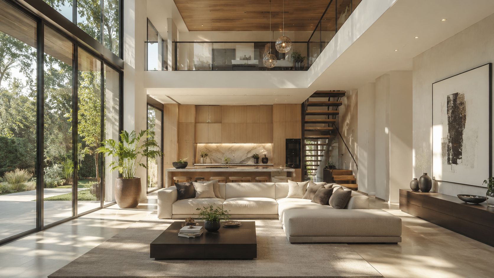 A modern, open-concept living room with a large white sectional sofa, wooden cabinetry, and high ceilings.