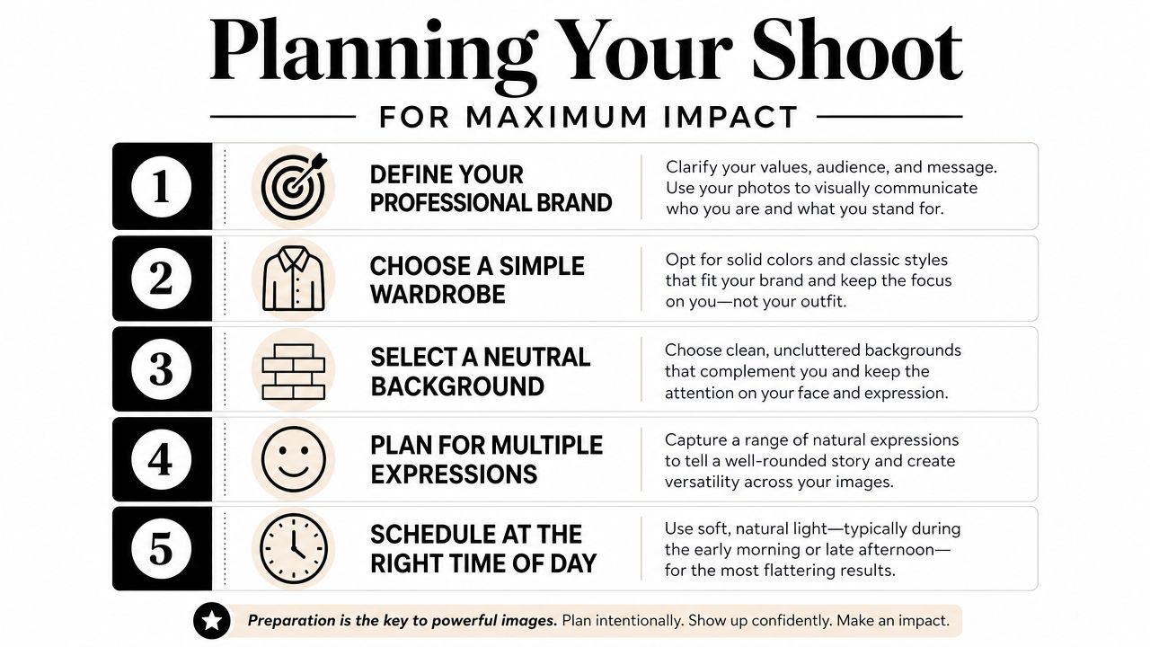 An infographic titled Planning Your Shoot outlining five steps for preparing for professional branding photography sessions.