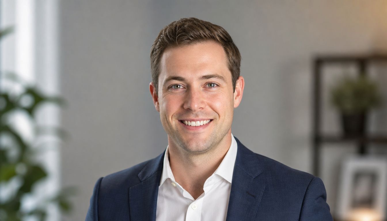 A professional portrait of a smiling man wearing a navy blue blazer and white dress shirt