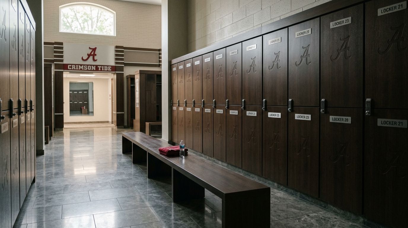 A view of the Alabama Crimson Tide football locker room featuring wood lockers and a central bench.