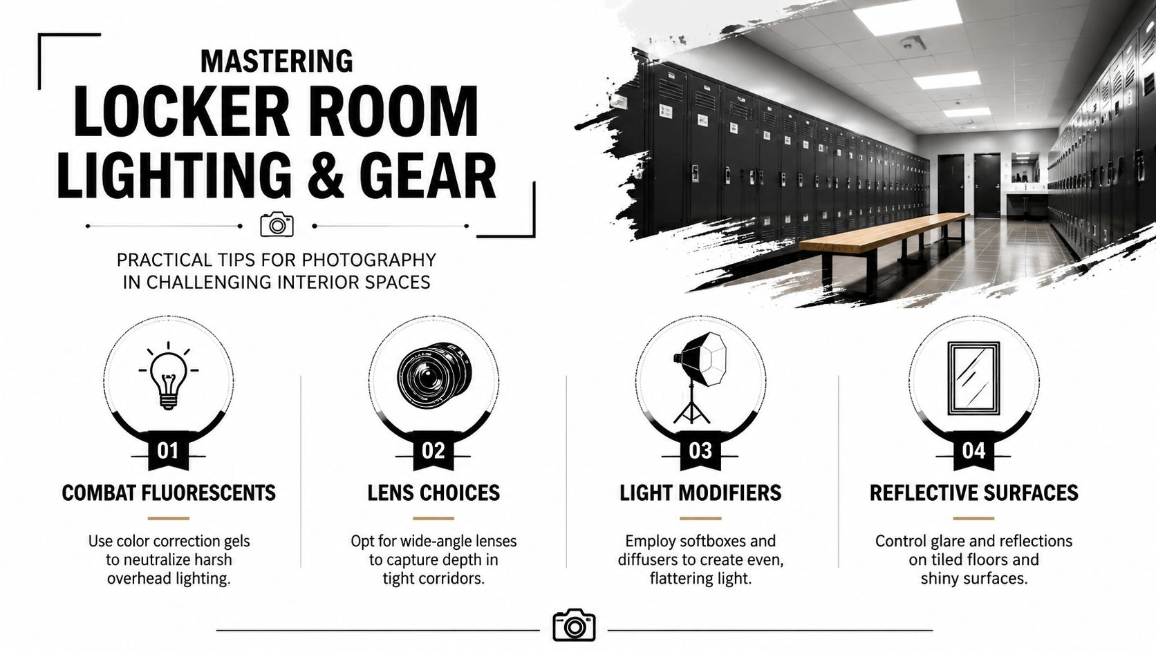 An infographic titled Mastering Locker Room Lighting and Gear with tips for interior photography in locker rooms.