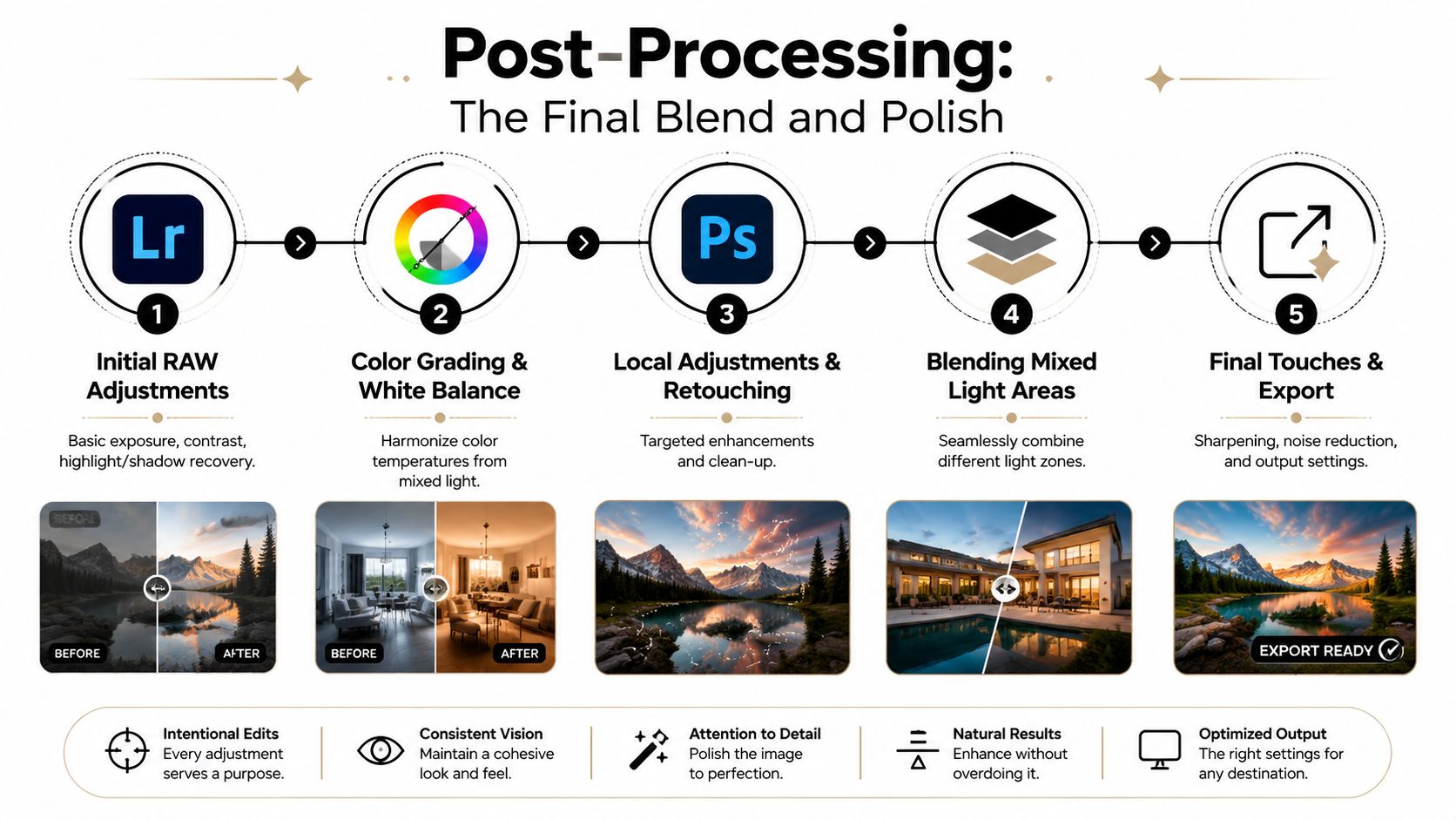 A five-step infographic showing professional post-processing steps for photography, including software icons and workflow descriptions.
