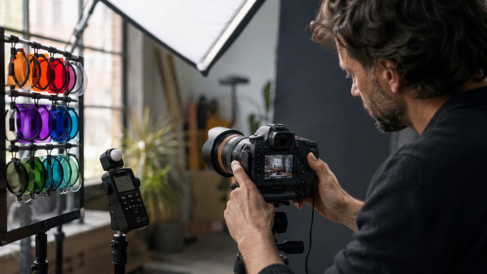 A professional photographer uses a camera with colored lighting gels in a studio setting.