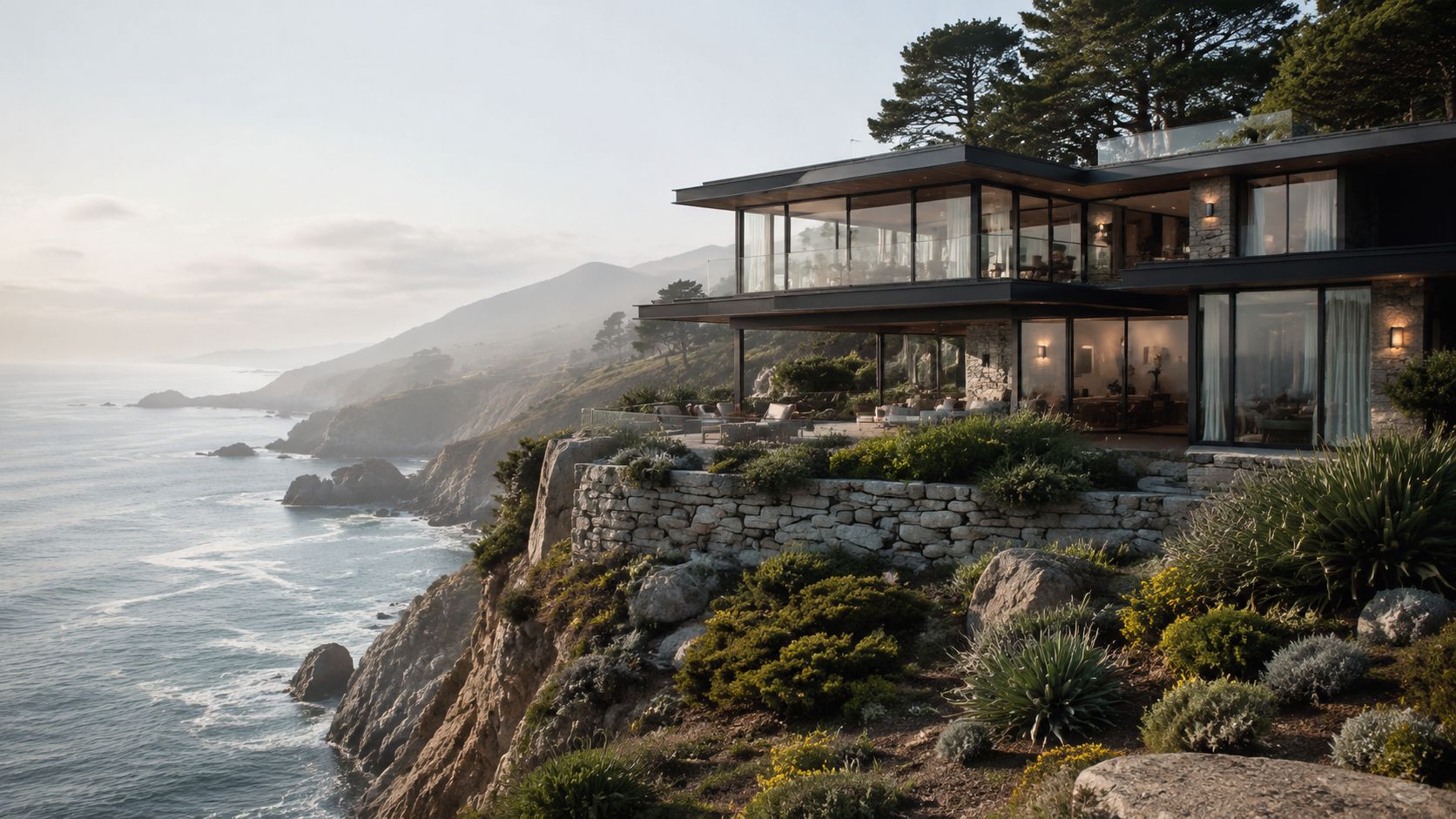 A modern luxury glass house perched on a dramatic cliffside overlooking the Pacific Ocean coastline.