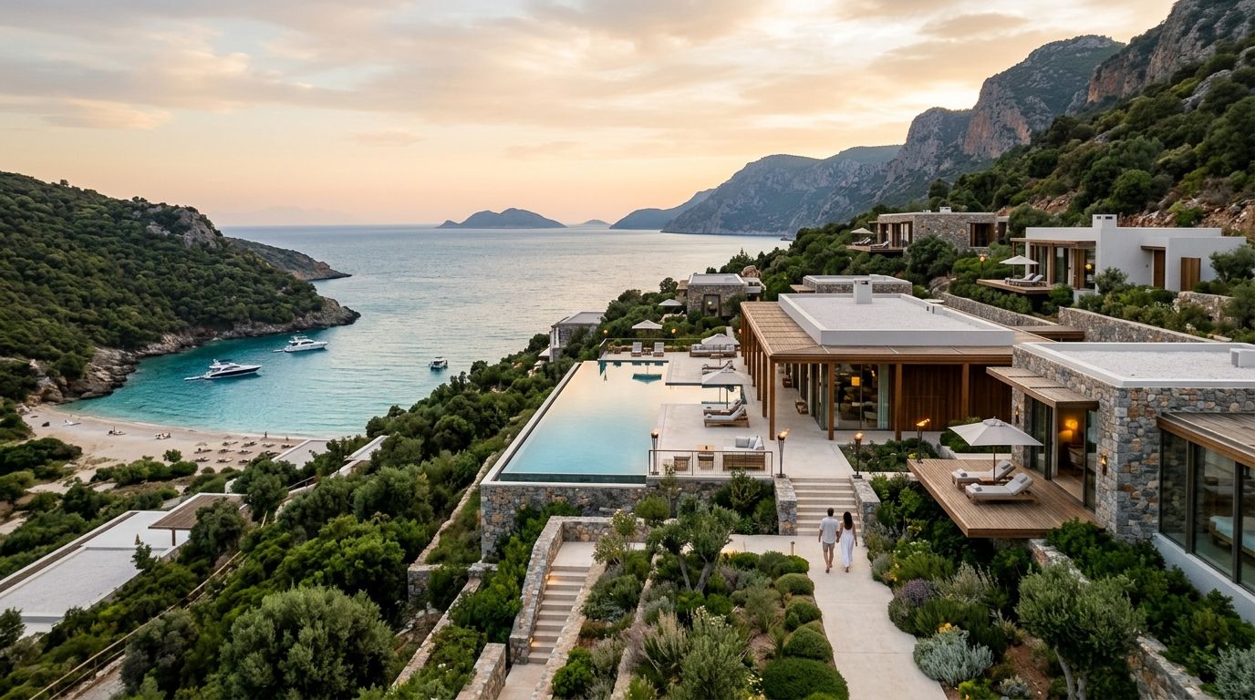 A luxurious cliffside resort overlooking a serene turquoise bay with yachts at sunset, featuring stone architecture.