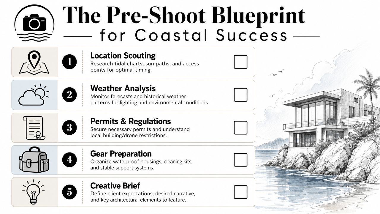 A checklist infographic titled The Pre-Shoot Blueprint for Coastal Success, featuring architectural photography preparation steps.