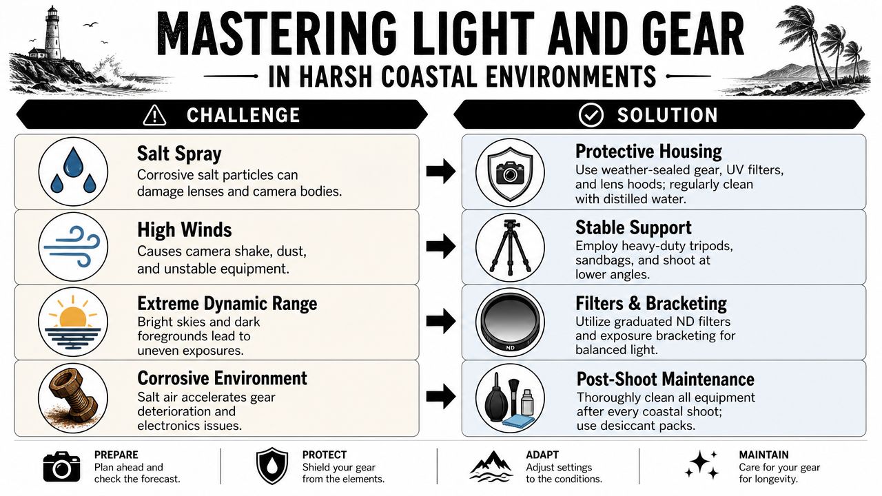 An infographic titled Mastering Light and Gear in Harsh Coastal Environments detailing photography challenges and protective solutions.