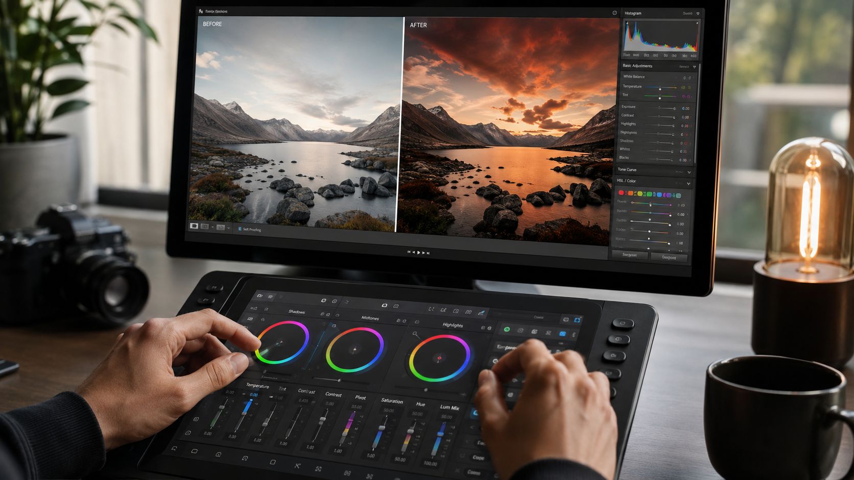 A professional photo editor adjusting color grading wheels on a dedicated console while viewing landscape photographs.