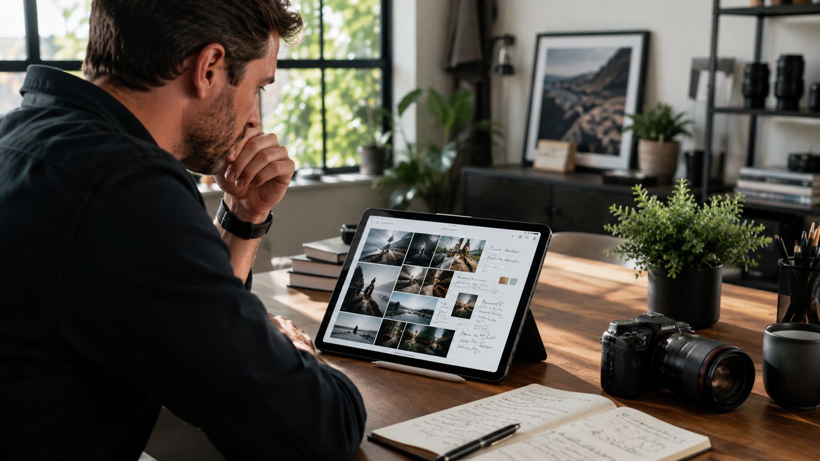 A professional photographer reviewing a digital photo editing workflow on a tablet in a bright home office.