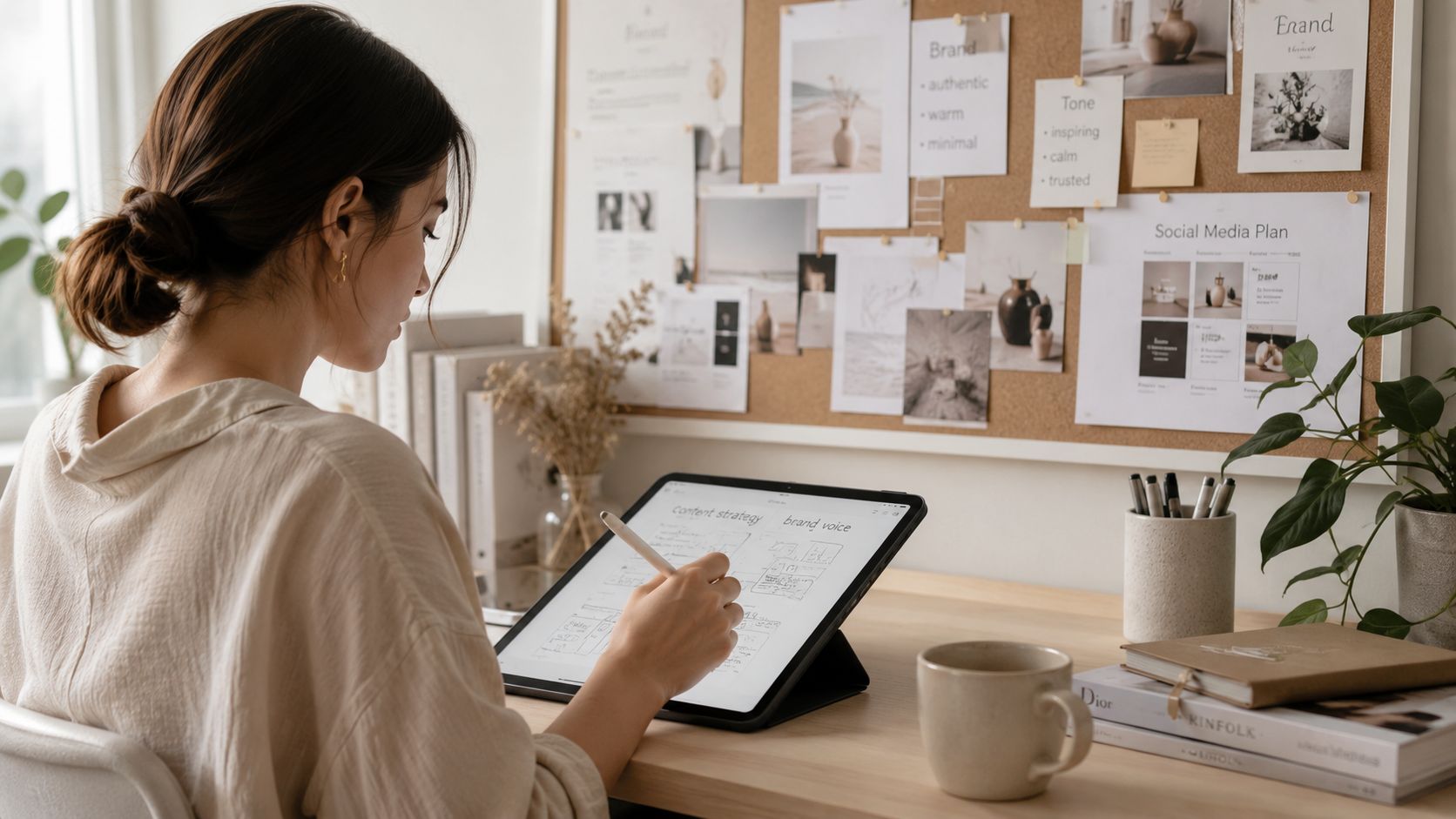 A creative woman works on her content strategy using a tablet and stylus at a desk.