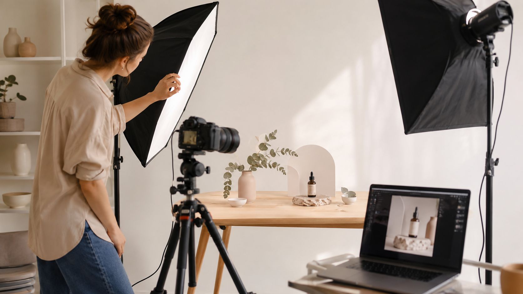 A female photographer adjusting lighting equipment while shooting a product photography setup for social media content.