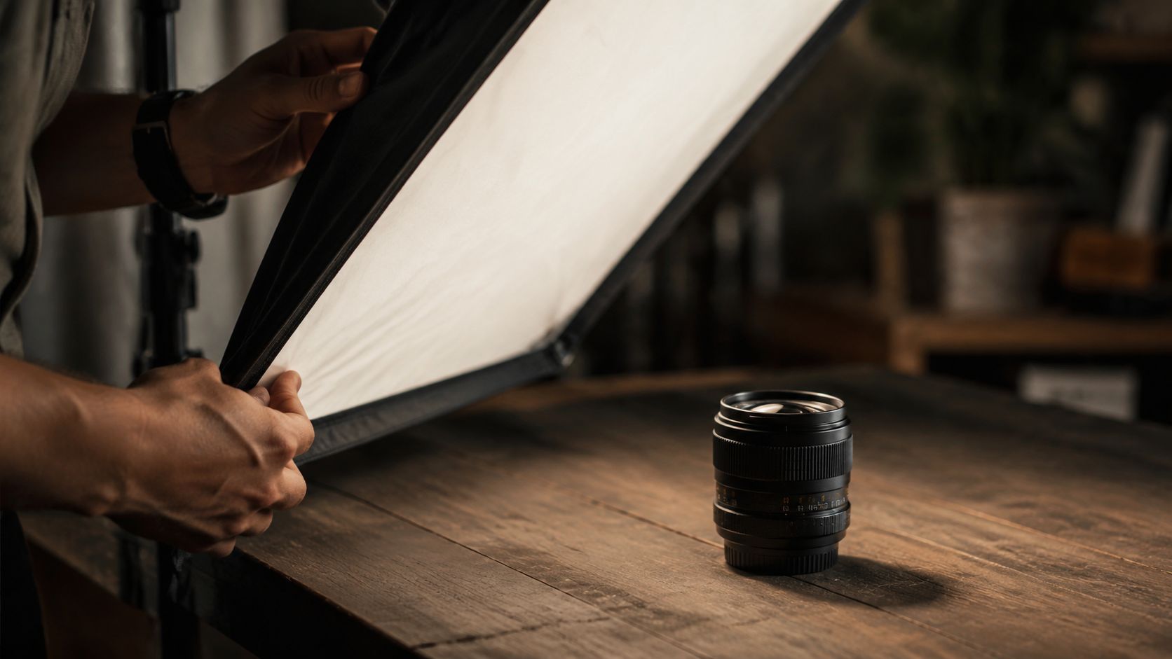 A photographer carefully adjusts a softbox light to illuminate a camera lens on a wooden table.