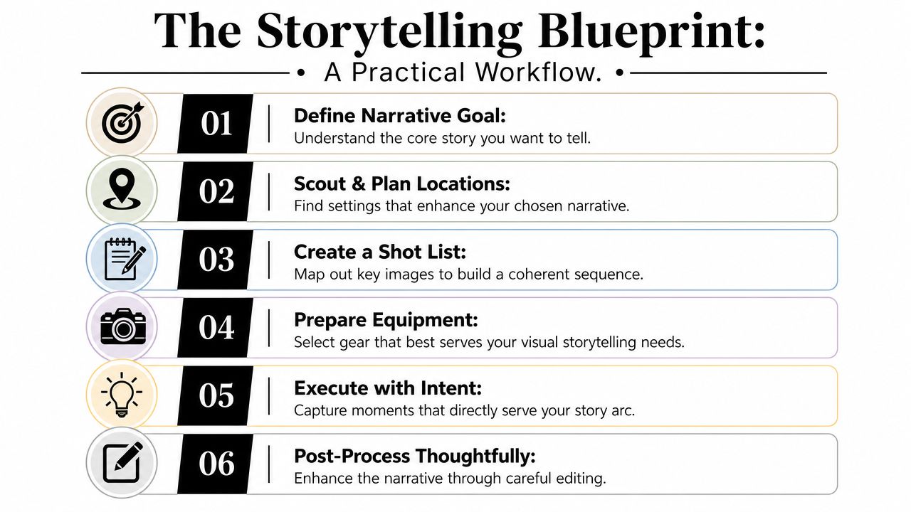 A six-step workflow infographic titled The Storytelling Blueprint illustrating the practical process for visual narrative photography.