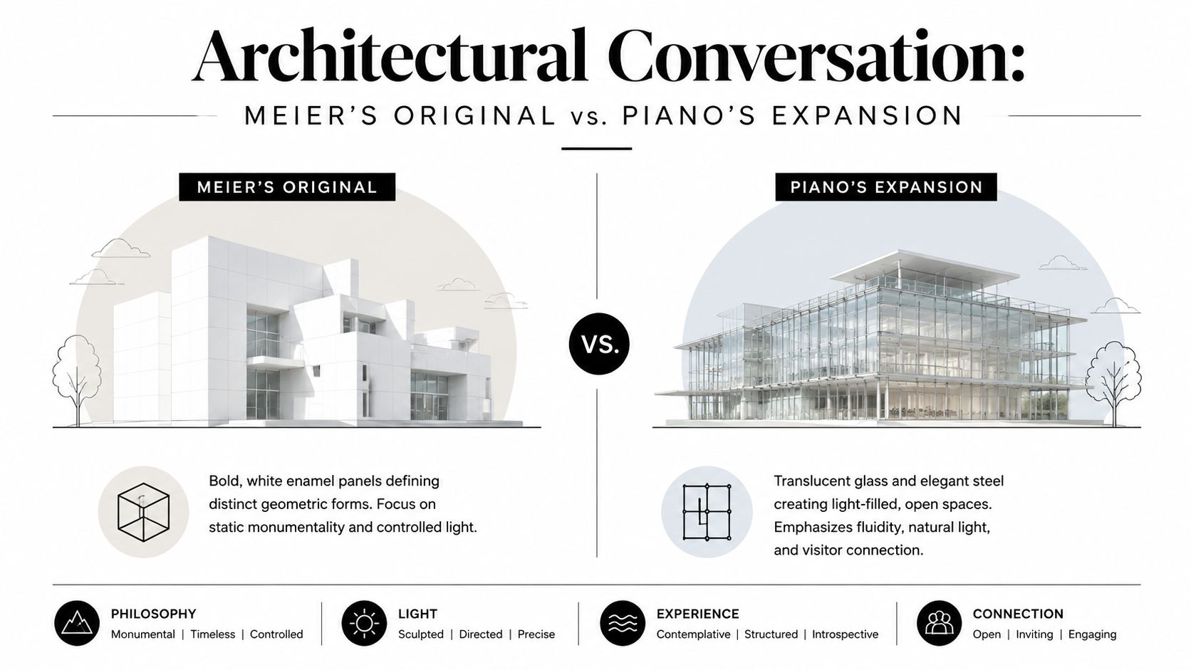 A comparative architectural analysis illustration showcasing Richard Meier's original white modernist building design against Renzo Piano's glass expansion.