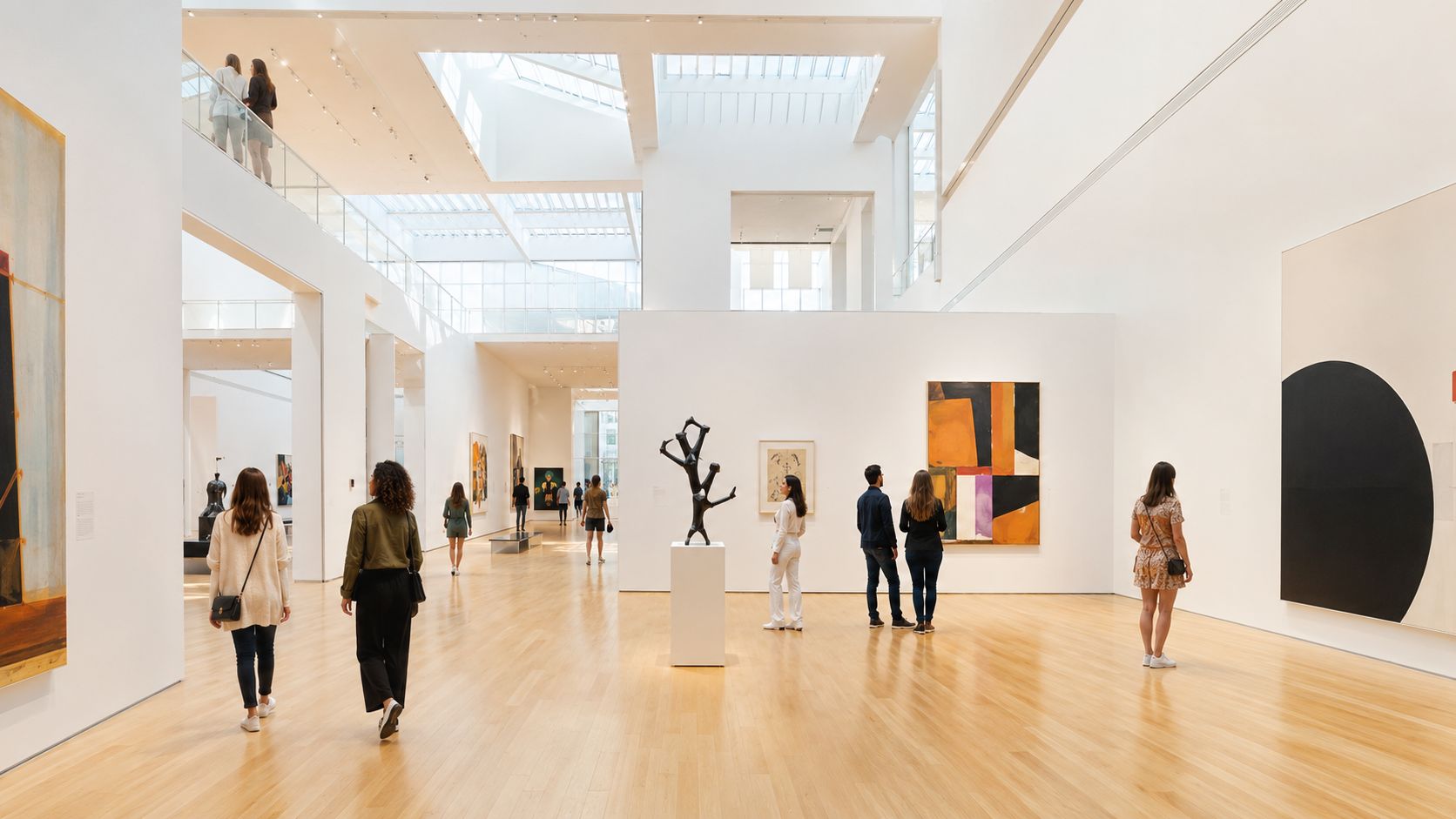 Visitors walk through a spacious, bright art gallery designed by Renzo Piano at the High Museum of Art.