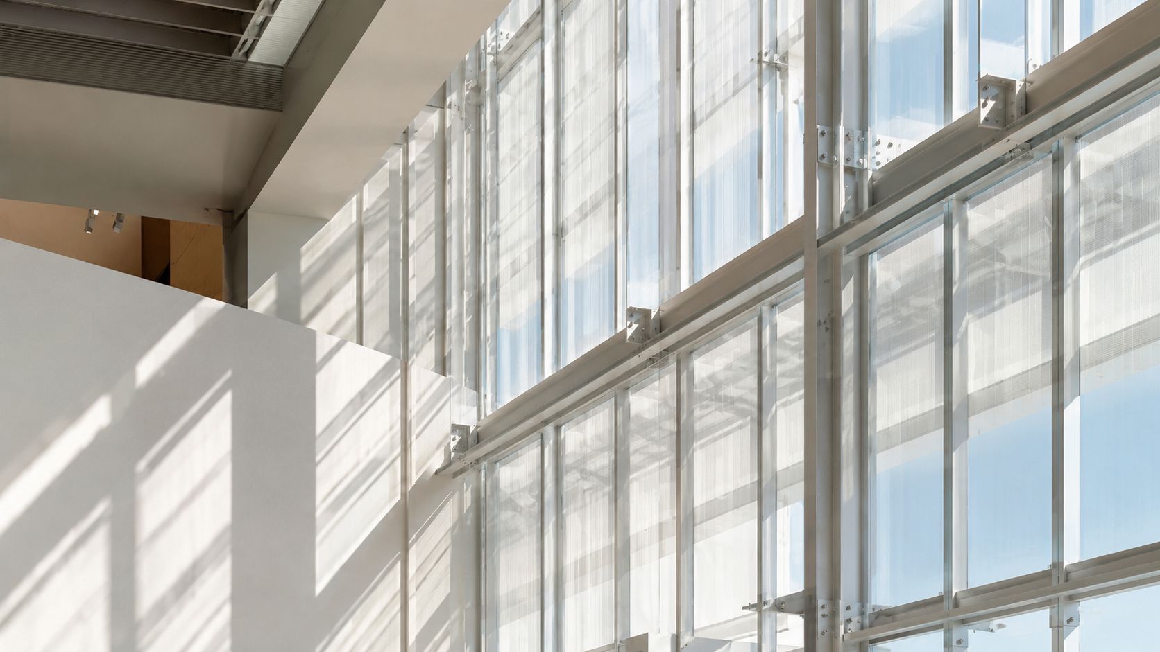 A modern architectural interior with high white walls and a large, bright glass curtain wall facade.