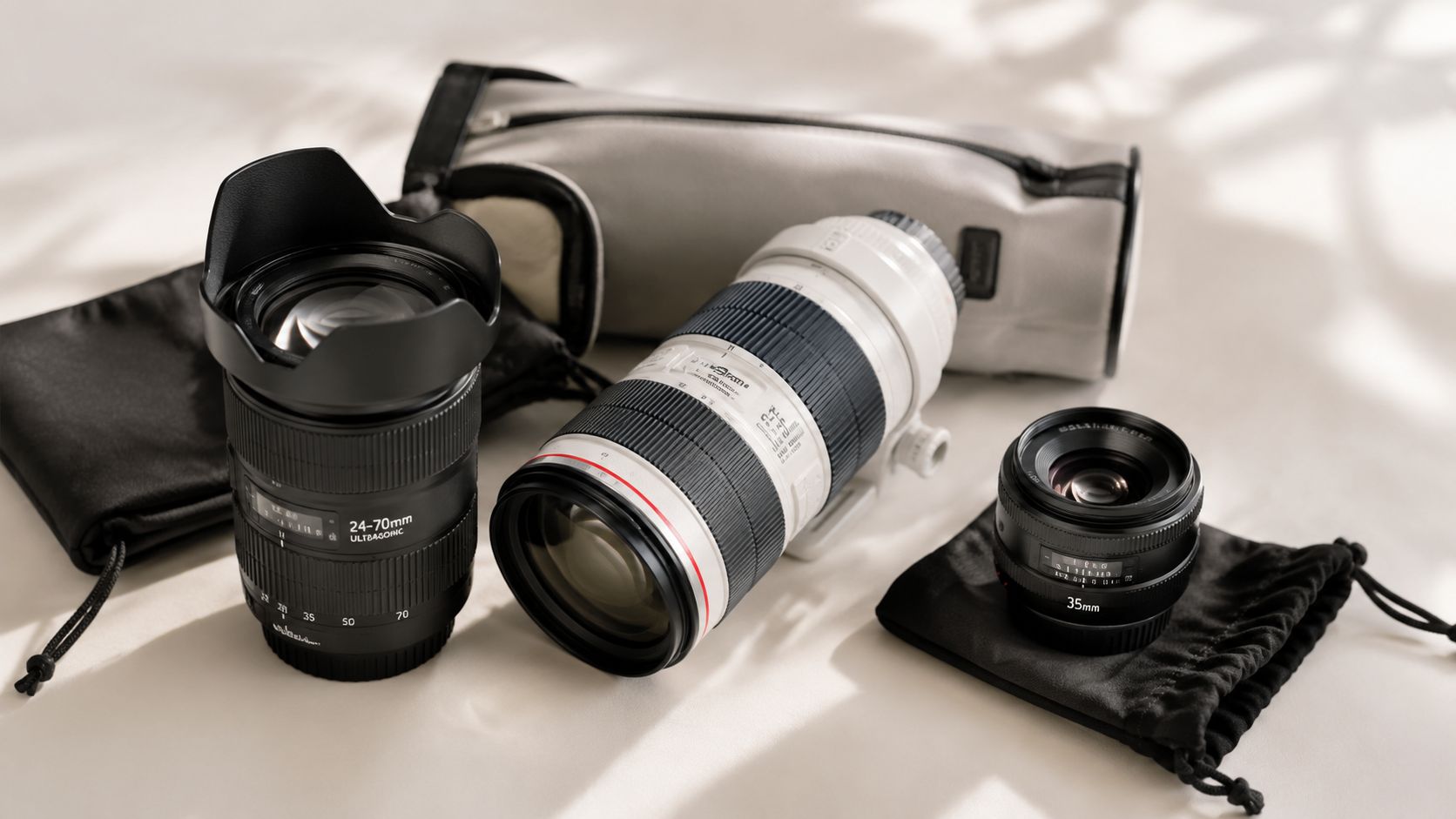 A collection of professional camera lenses including a zoom lens and a prime lens with their carrying cases.