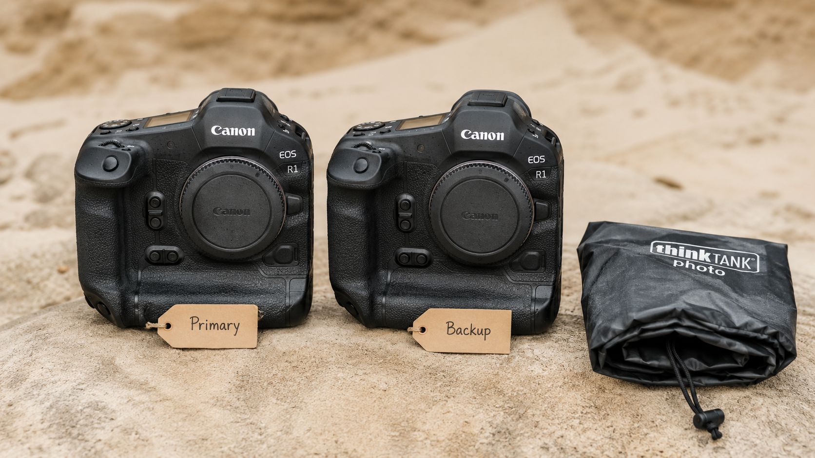 Two Canon EOS R1 professional cameras labeled Primary and Backup next to a Think Tank photo accessory bag.