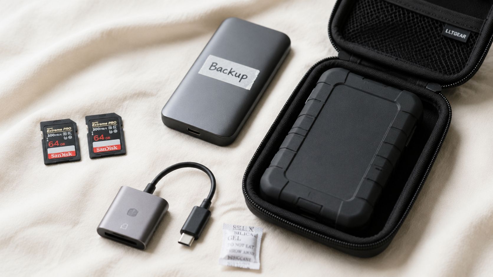 A professional digital storage gear kit including memory cards, a hard drive, and a card reader.