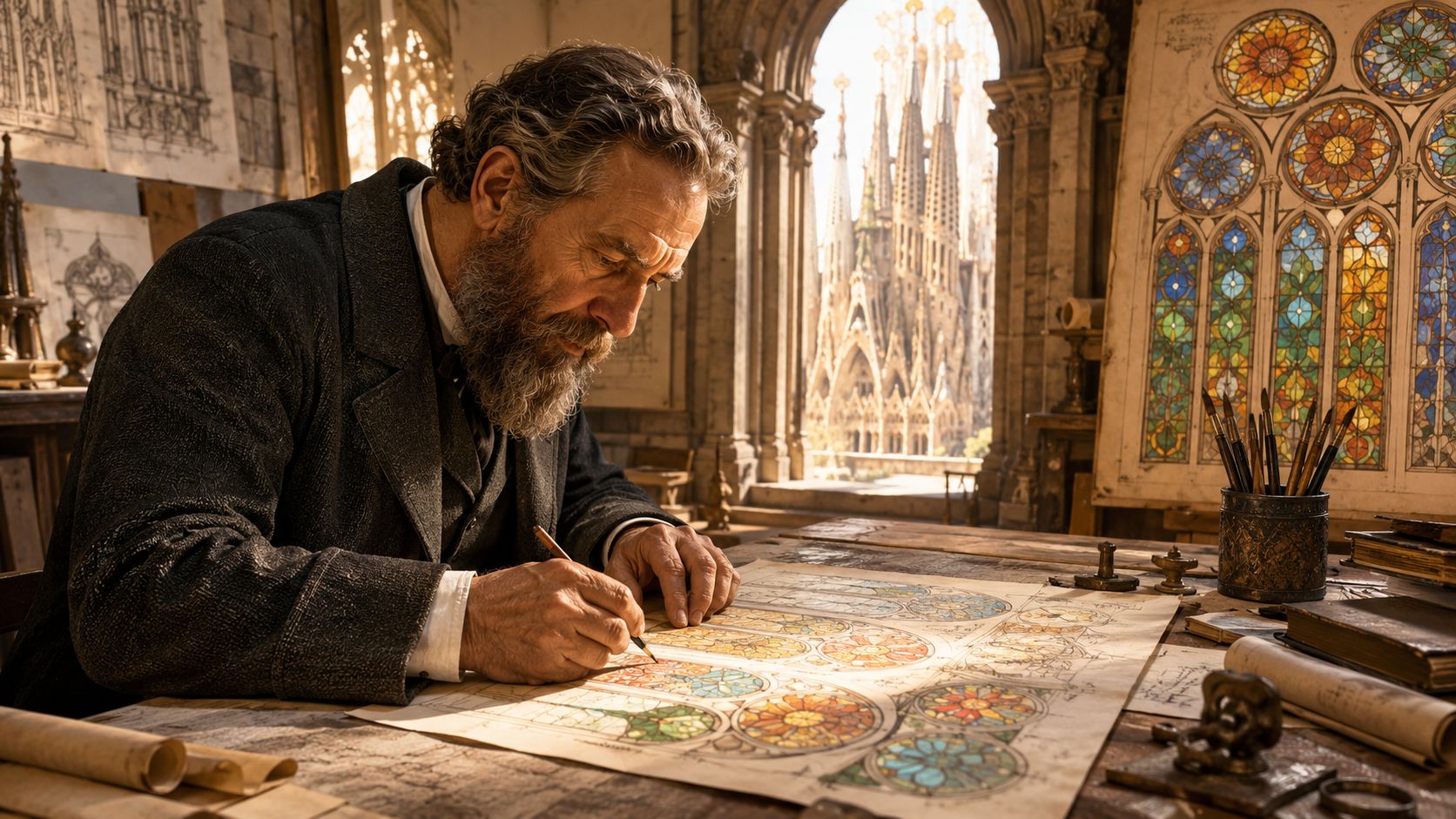 Antoni Gaudi sketching detailed stained glass designs in his workshop overlooking the Sagrada Familia basilica.